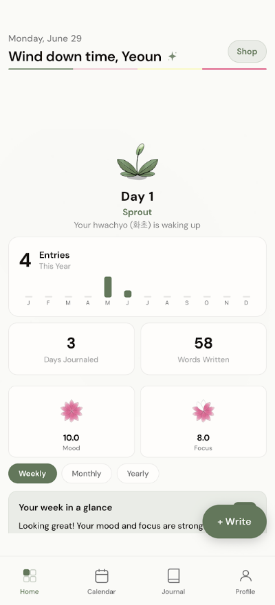 Yeoun app home screen showing companion plant, journal stats, mood and focus scores